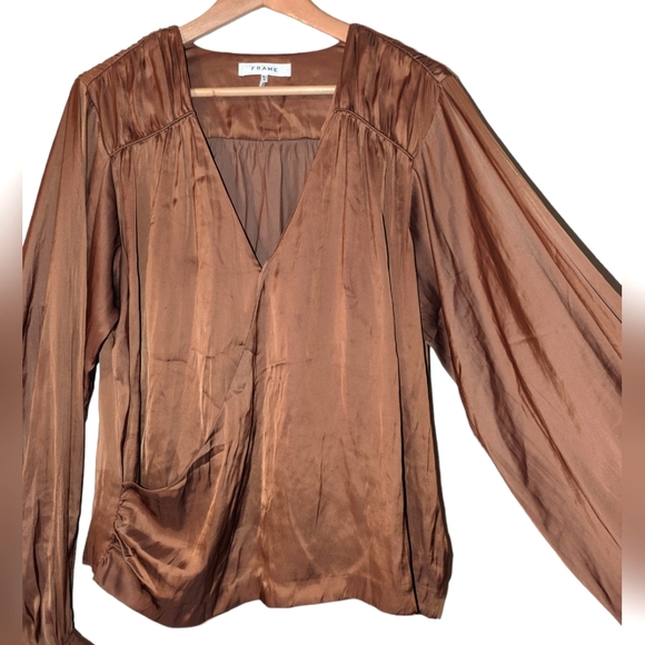 Frame Denim Satin Balloon Long Sleeve Wrap Front Blouson V-Neck Blouse Bronze XL - Picture 9 of 13